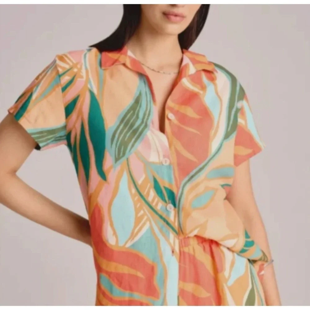Vitamin A Womens‎ Short Sleeve Tropical Leaf Button Up Shirt Cover Up Small